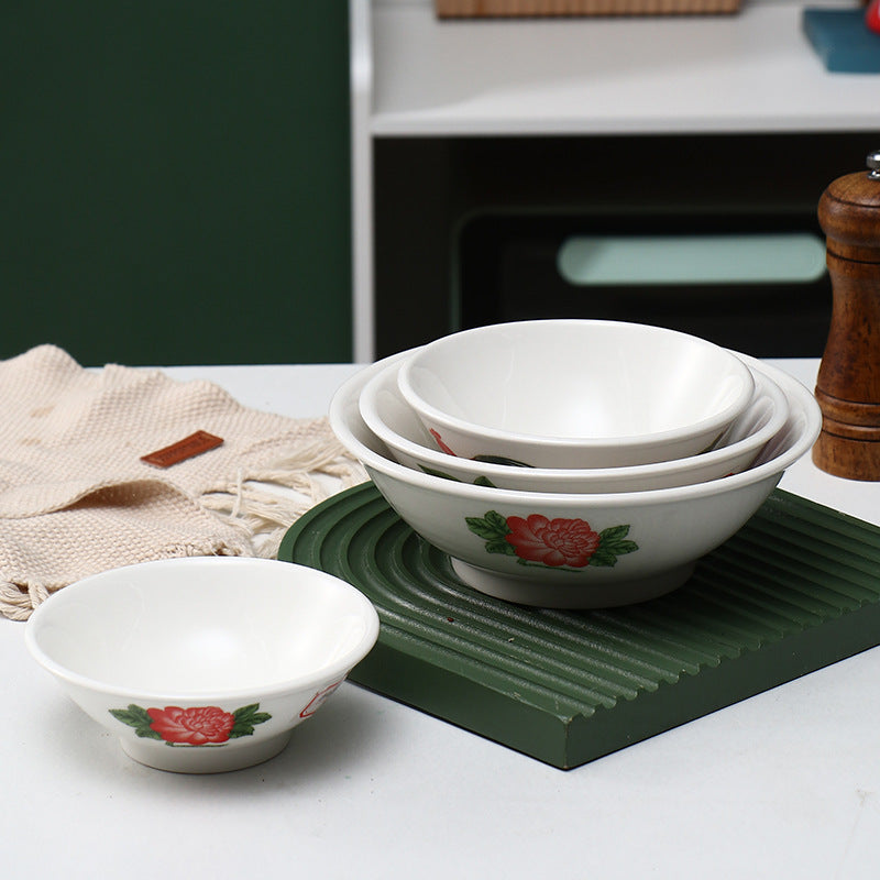 Retro Ceramic Bowl Set - Home Rice, Soup & Noodle Bowls, Featuring Classic Rooster Design & Solid Glaze Options, Microwave-Safe with Elevated Base for Heat Insulation